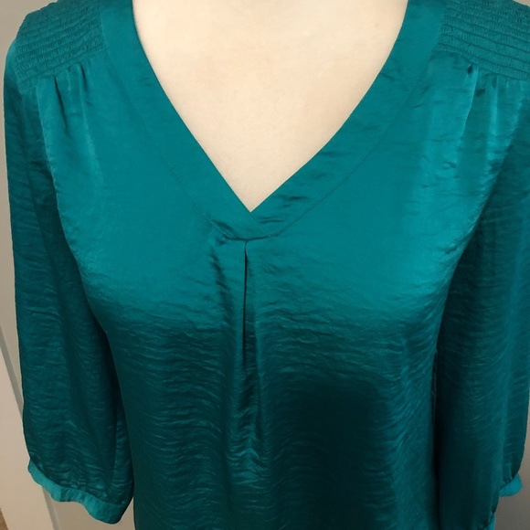 Silky Teal V-Neck Blouse - Picture 2 of 3